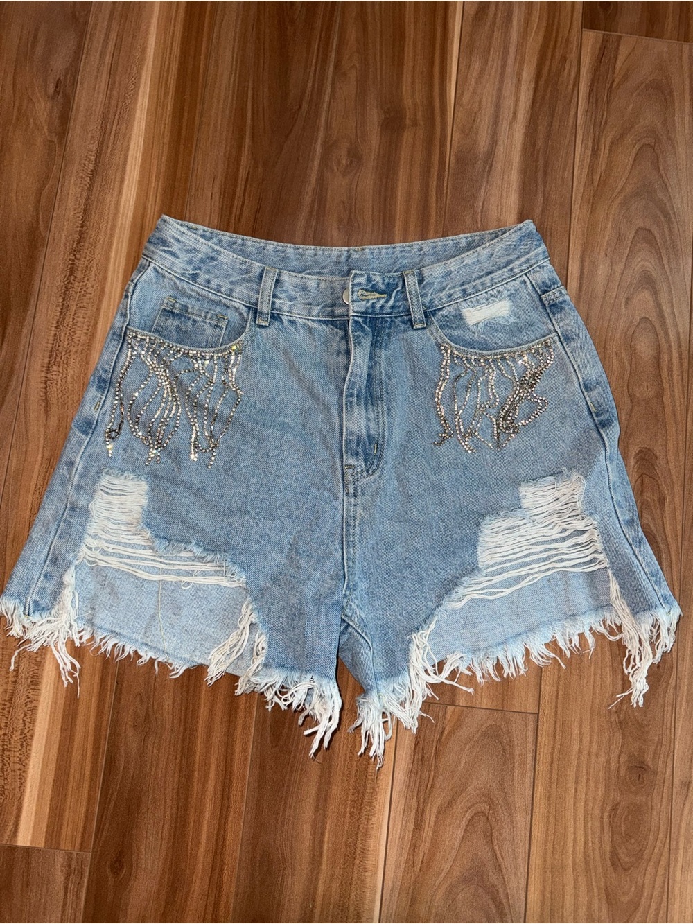Cider Light Blue Distressed Denim Shorts with Rhinestone Fringe